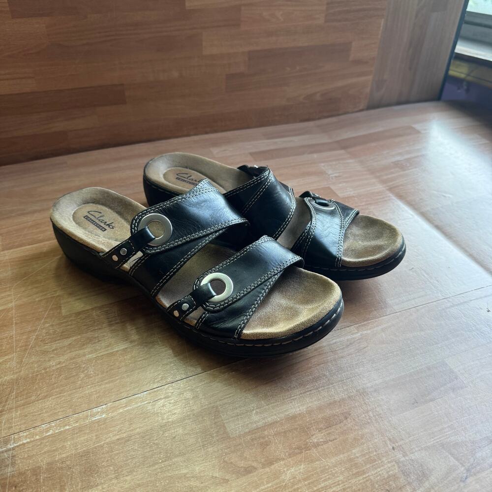 Clarks Collection Lexi Willow Black Leather Slide Wedge Sandals - Size 10